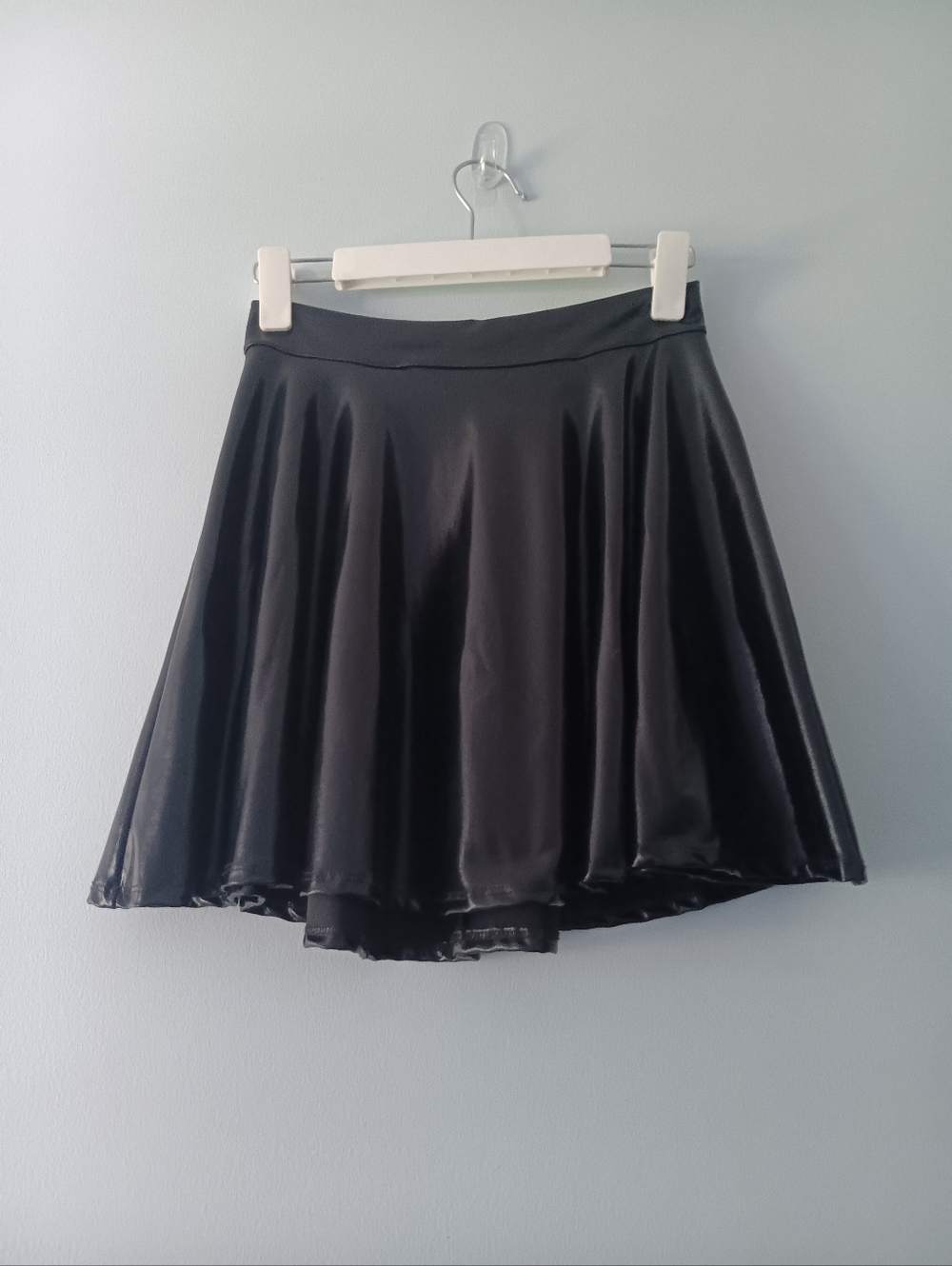 2 Hearts Black Faux Leather A Line Skater Skirt Shiny Club Party Mini M